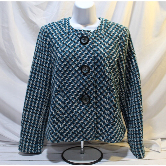 I.C.E. Women's M Teal Black Herringbone Tweed Lined Large Button Blazer Pockets - Picture 1 of 16